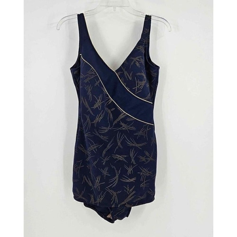 Vintage Robby Len One Piece Skirted Swimsuit Blue Gold Size 12